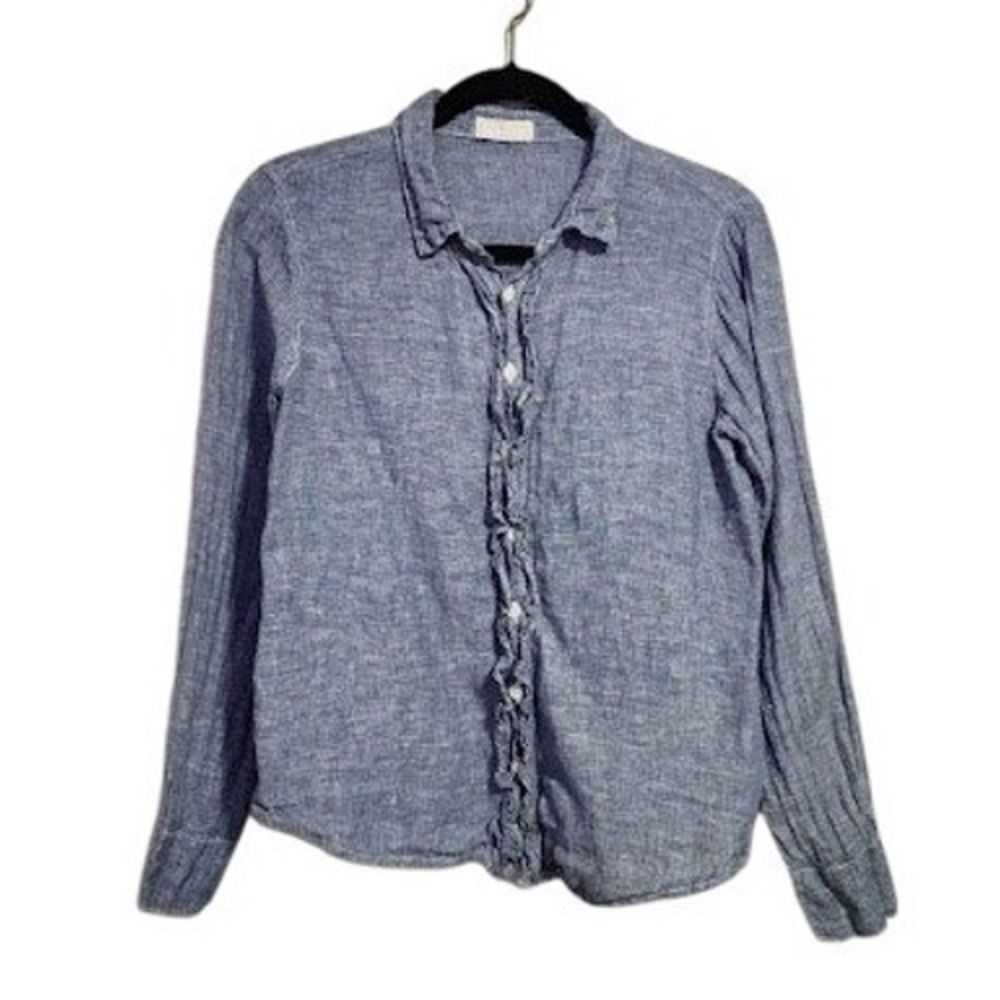 CP Shades Blue Linen Ruffle Front Button Down Shirt Blouse Top Lagenlook Prep XS